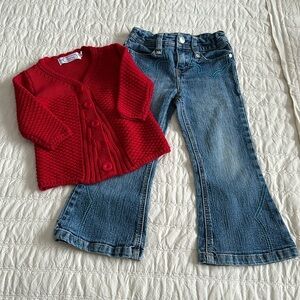 4T vintage western style wide leg, denim jeans + red somebody loves me cardigan